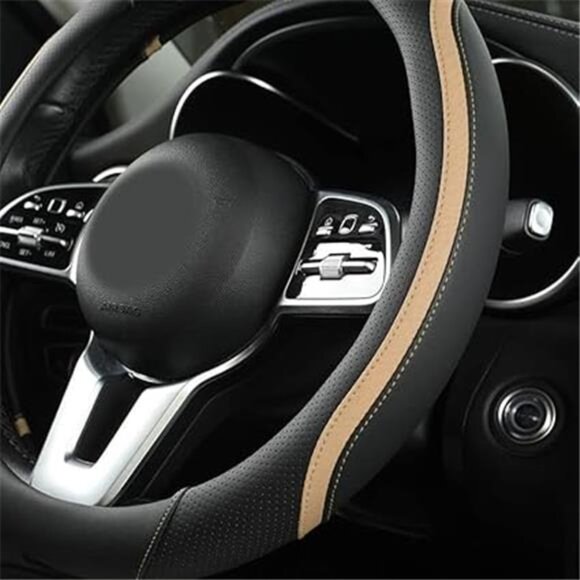 Car Steering Wheel Cover, Leather Steering Wheel Cover Beige Universal 14.5-15 - Picture 3 of 7